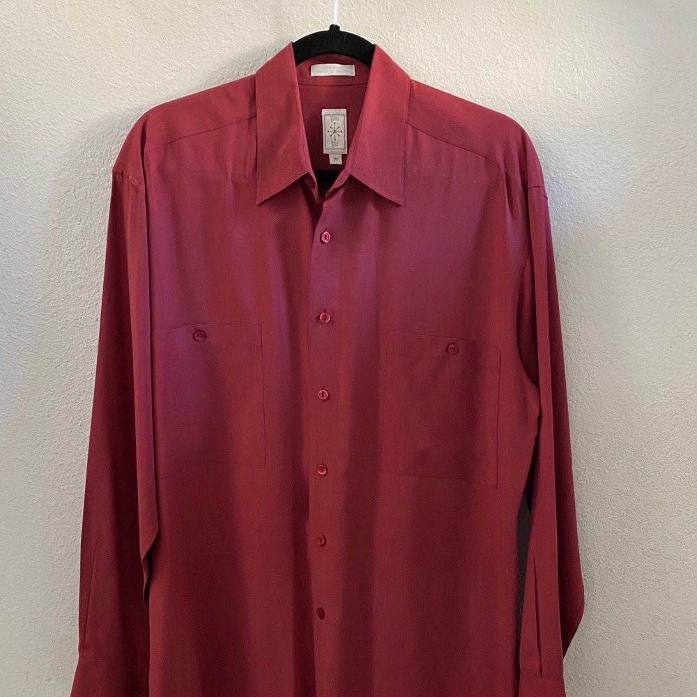 Vintage Burma Bibas Luxury Red 100% Silk Long Sleeve Button Down Shirt Pockets